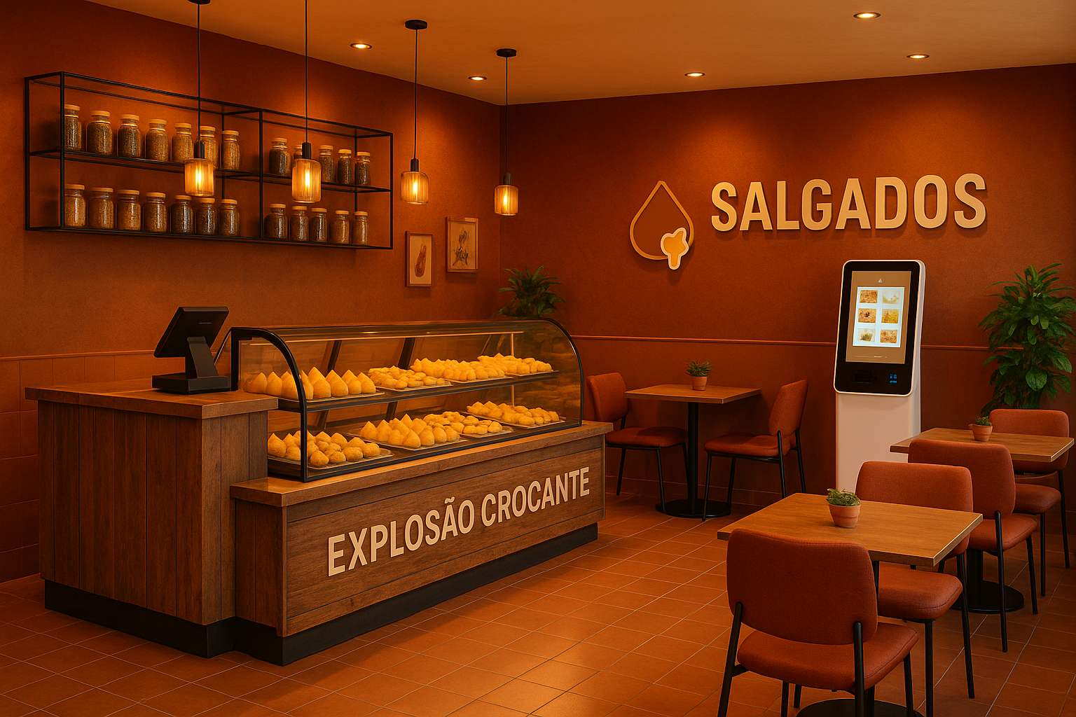 Interior acolhedor da loja Explosão Crocante, com ambiente aconchegante